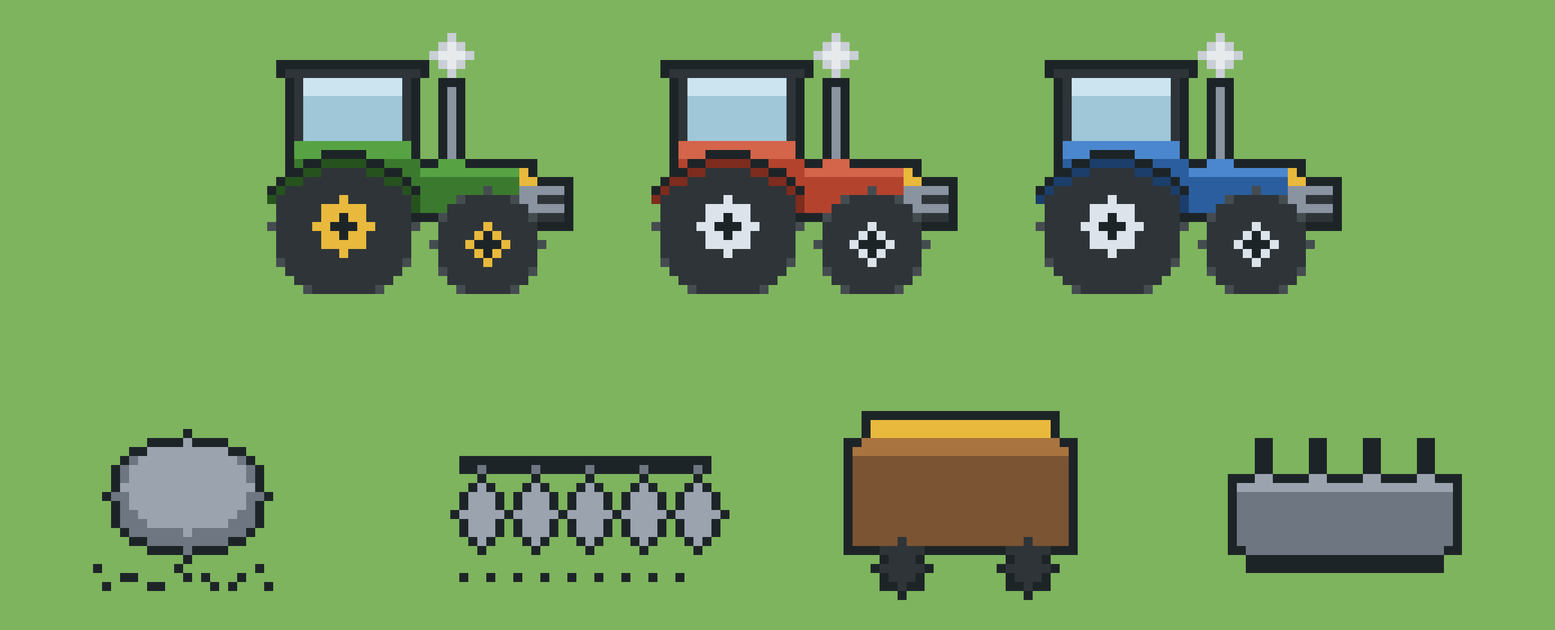 The three tractor models and the implements: fertilise, harrow, haul and harvest