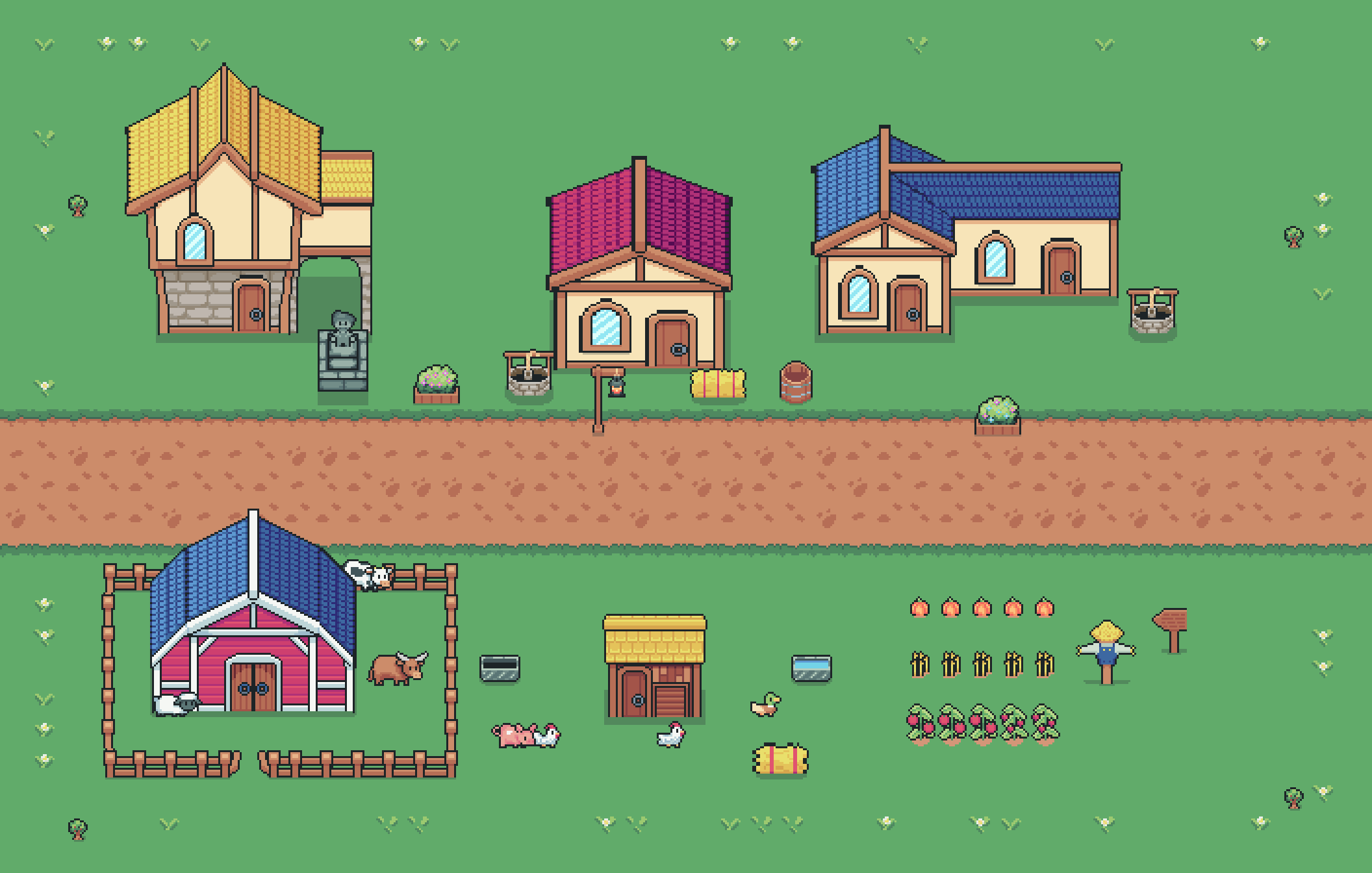 Tame Village from above: town hall, farm and sawmill along the top, the avenue crossing the land, and below a fenced cattle pen with cows, the hen house and the crops